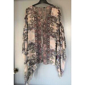 White Mark Women Short Caftan Lace Up V-Neck Blouse Top Size 1X Pullover